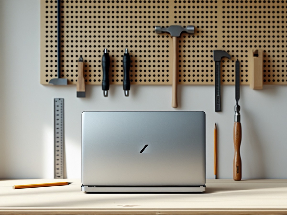 Laptop vor einer Werkzeugwand