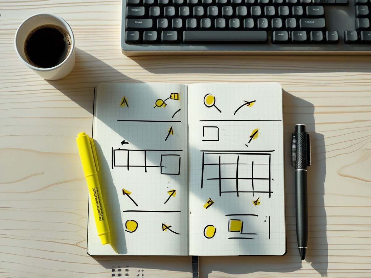 Notizbuch mit Architektur-Skizze und Textmarker